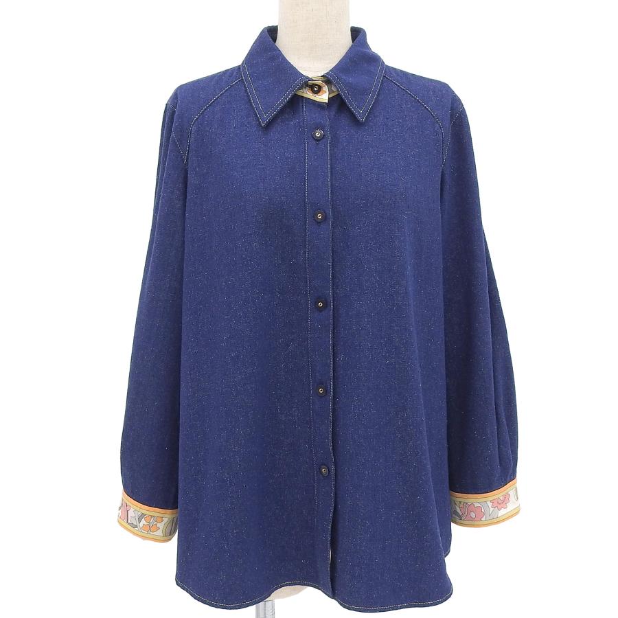 美品▲LEONARD FASHION レオナール ファッション 0265950 シルク100％ 花柄使い 長袖シャツ ブラウス ネイビー 44 日本製 レディース 美品△LEONARD FASHION レオナール ファッション 0265950 シルク100