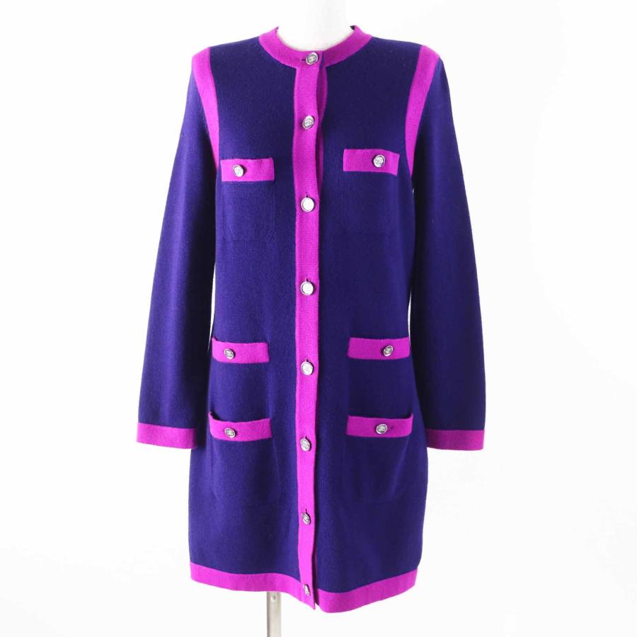 極美品◎CHANEL シャネル 23AW P75656 カシミヤ100％ ラインストーン ココマークボタン ロングニット カーディガン ネイビー パープル 36 CHANEL（シャネル） 極美品◎CHANEL 23AW P75656 カシミヤ100％ ライン