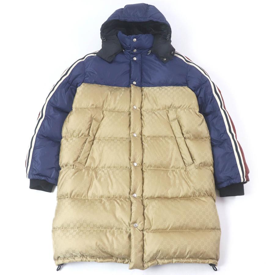 極美品□GUCCI グッチ 590744 GGロゴ総柄 サイドライン フーデッド ダウンコート ベンチコート ブルー ゴールド 50 イタリア製 正規品 GUCCI（グッチ） 極美品□GUCCI 590744 GGロゴ総柄 サイドライン