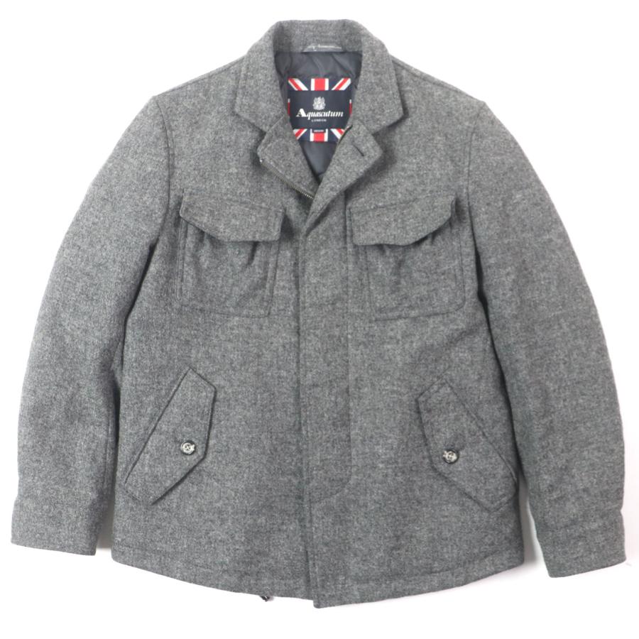 極美品▼Aquascutum アクアスキュータム ツイード ロゴ入りボタン 比翼仕立て ジップアップ ダウンジャケット グレー M 正規品 メンズ Aquascutum（アクアスキュータム） 極美品▽Aquascutum ツイード ロゴ
