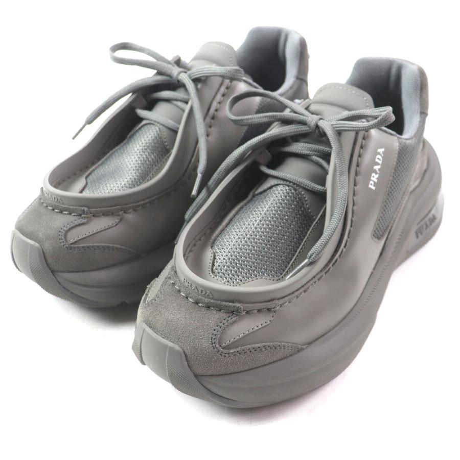 美品▼PRADA プラダ 2EG424 SYSTEM システム トライアングルロゴ 三角プレート ロゴ入り レザースニーカー グレー 6 箱・保存袋付 メンズ PRADA（プラダ） 美品▽PRADA 2EG424 SYSTEM システム トライアングル