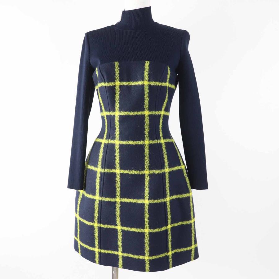 極美品◎Christian Dior クリスチャンディオール 5A21617A1161 ランウェイ着用 チェック フレア ワンピース ネイビー イエロー 38 正規品