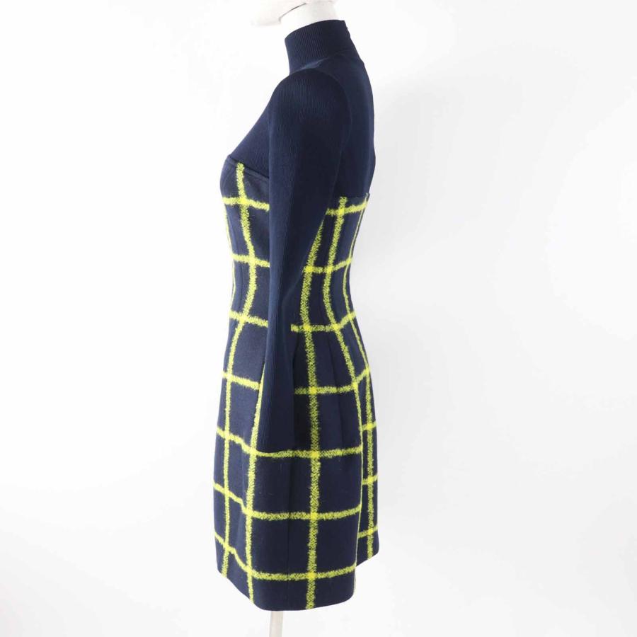 極美品◎Christian Dior クリスチャンディオール 5A21617A1161 ランウェイ着用 チェック フレア ワンピース ネイビー イエロー 38 正規品の画像