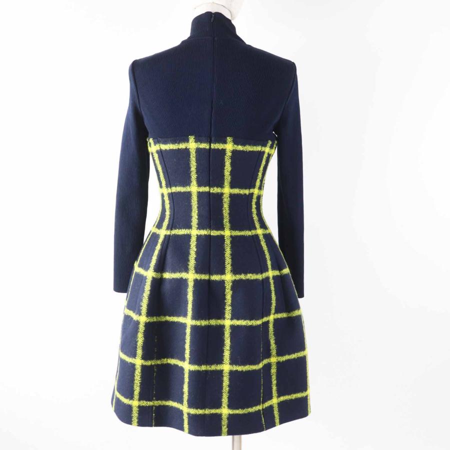 極美品◎Christian Dior クリスチャンディオール 5A21617A1161 ランウェイ着用 チェック フレア ワンピース ネイビー イエロー 38 正規品の画像