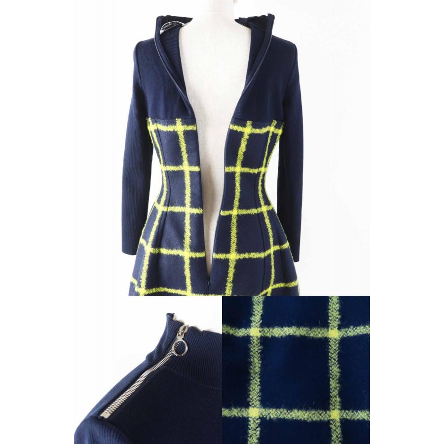 極美品◎Christian Dior クリスチャンディオール 5A21617A1161 ランウェイ着用 チェック フレア ワンピース ネイビー イエロー 38 正規品の画像