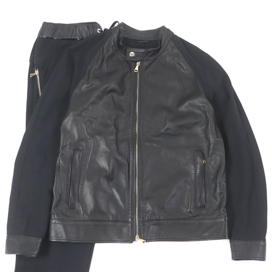 美品□EMMETI エンメティ 羊革 レザー切替デザイン ライダース ジョガーパンツ 上下セットアップ ブラック 50・48 イタリア製 正規品 美品□EMMETI エンメティ 羊革 レザー切替デザイン ライダース