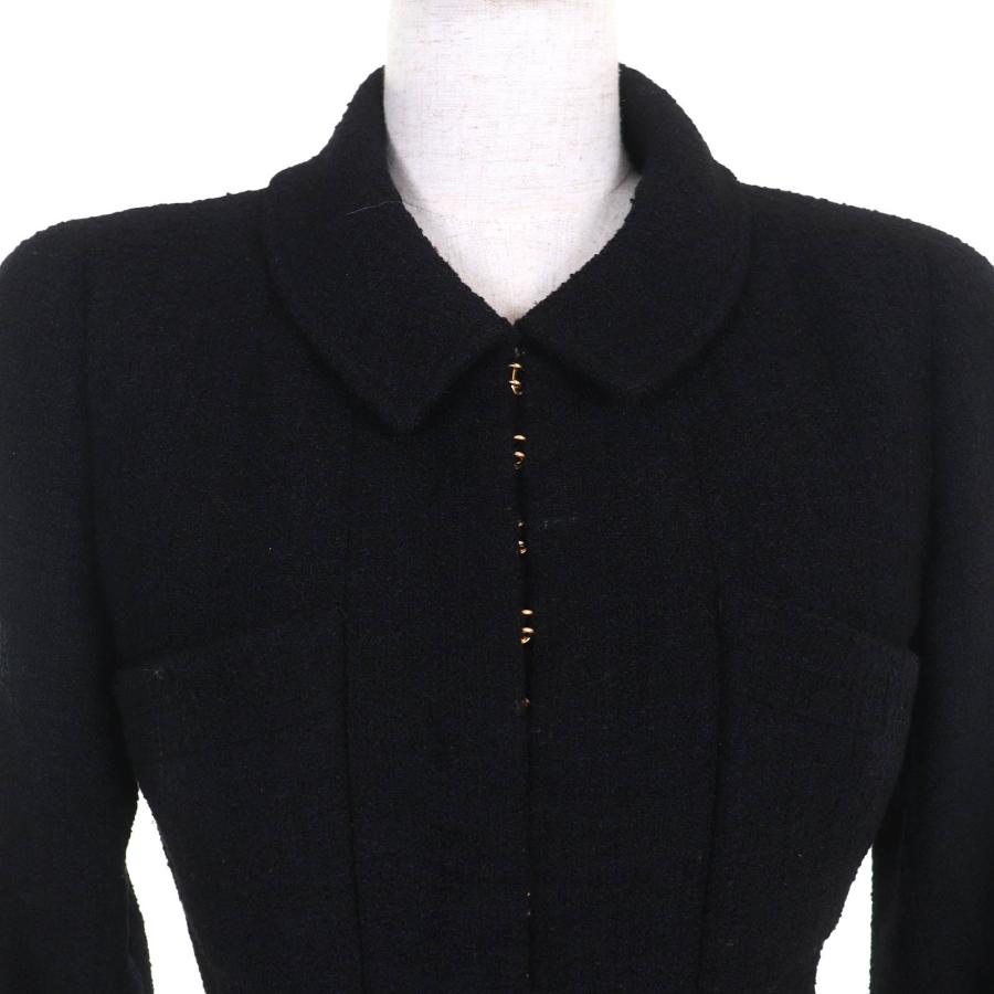 美品△CHANEL シャネル ヴィンテージ 96A P08101 ココマークボタン ベルト付き ウールツイード ショート ジャケット ブラック 36 正規品の画像