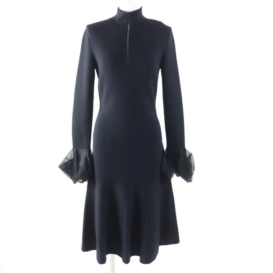 未使用品★AKRIS アクリス シルク混 袖チュール切替 ロング丈 ニットワンピース ドレス ブラック 34 正規品 レディース 定価368500円 未使用品☆AKRIS アクリス シルク混 袖チュール切替 ロング丈 ニット