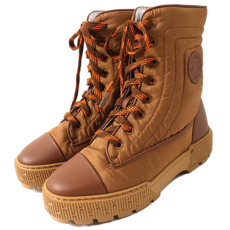 美品△HERMES エルメス フレッシュ パラシュート ファブリック ロゴパッチ レザー使い レースアップ ショートブーツ ブラウン 36 伊製 HERMES（エルメス） 美品△HERMES フレッシュ パラシュート