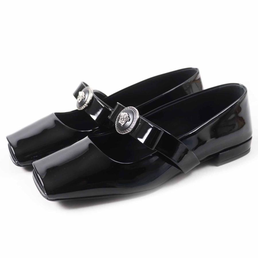 未使用品◎VERSACE ヴェルサーチ 24-25AW ジャンボ リボン バレリーナ オープントゥ パテントレザー パンプス ブラック 38 定価133100円 未使用品◎VERSACE ヴェルサーチ 24-25AW ジャンボ リボン バレリーナ