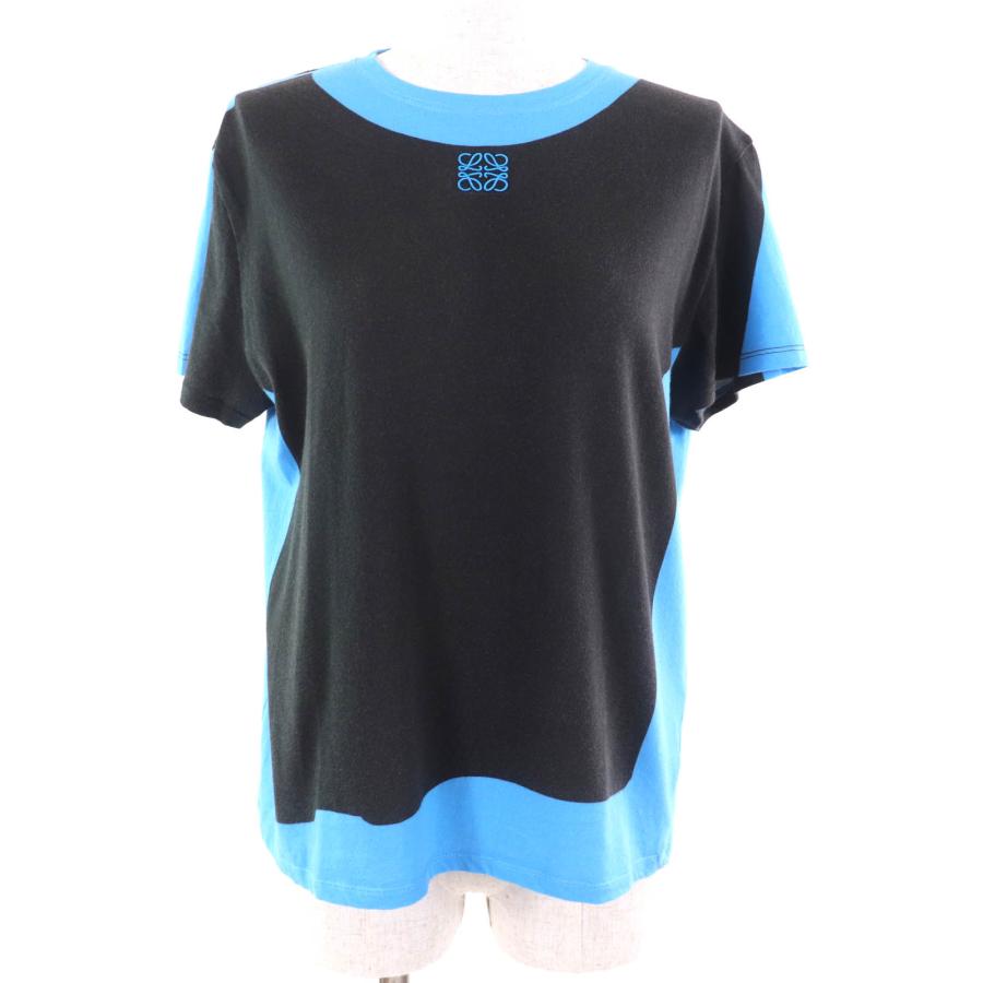 美品★LOEWE ロエベ S359Y22X45 コットン100％ アナグラム刺繍入り クルーネック 半袖Ｔシャツ ブラック ライトブルー M 正規品 LOEWE（ロエベ） 美品☆LOEWE S359Y22X45 コットン100％ アナグラム
