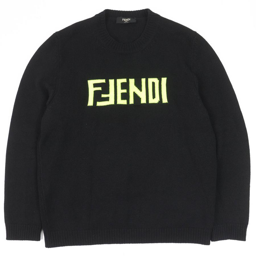 美品△FENDI フェンディ FZZ469 カシミヤ100％ フロントロゴ クルーネック 長袖 ニット セーター ブラック 54 イタリア製 正規品 メンズ FENDI（フェンディ） 美品△FENDI FZZ469 カシミヤ100％ フロントロゴ