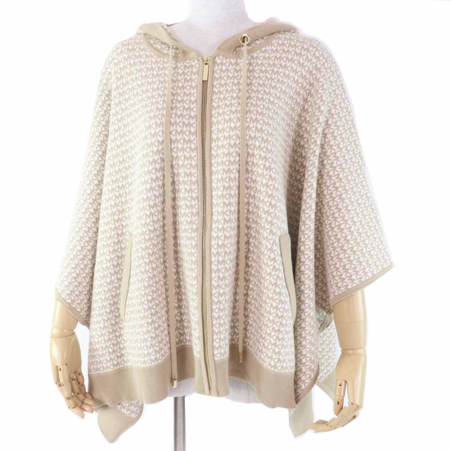 極美品◎Michael Kors マイケルコース JF160924 GM MKシグネチャー フード付き ZIPUP ニットポンチョ ベージュ ホワイト S／M 正規品 MICHAEL KORS（マイケルコース） 極美品◎Michael Kors JF160924 GM MK