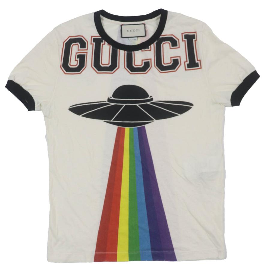 美品▼GUCCI グッチ 476035 ヴィンテージ加工 UFO ドラゴン刺繍 プリント ショートスリーブ 半袖Ｔシャツ ホワイト XS 正規品 メンズ GUCCI（グッチ） 美品▽GUCCI 476035 ヴィンテージ加工 UFO ドラゴン