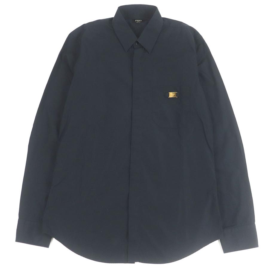 美品□FENDI フェンディ 2021年製 FS0585 コットン100％ ロゴゴールドプレート ロングスリーブ 長袖シャツ 黒 39 イタリア製 正規品 FENDI（フェンディ） 美品□FENDI 2021年製 FS0585 コットン100％ ロゴ