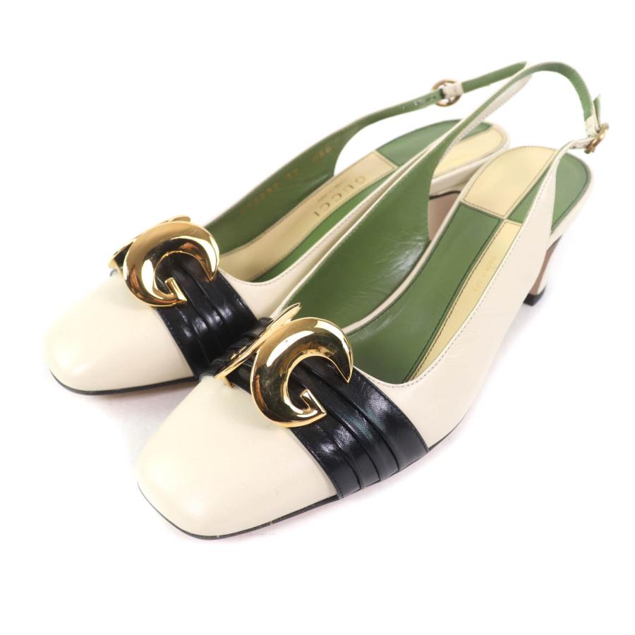 未使用品★GUCCI グッチ 572232 ハーフムーンGG バックストラップ スクエアトゥ レザー パンプス アイボリー 37 保存袋付き レディース GUCCI（グッチ） 未使用品☆GUCCI 572232 ハーフムーンGG バック