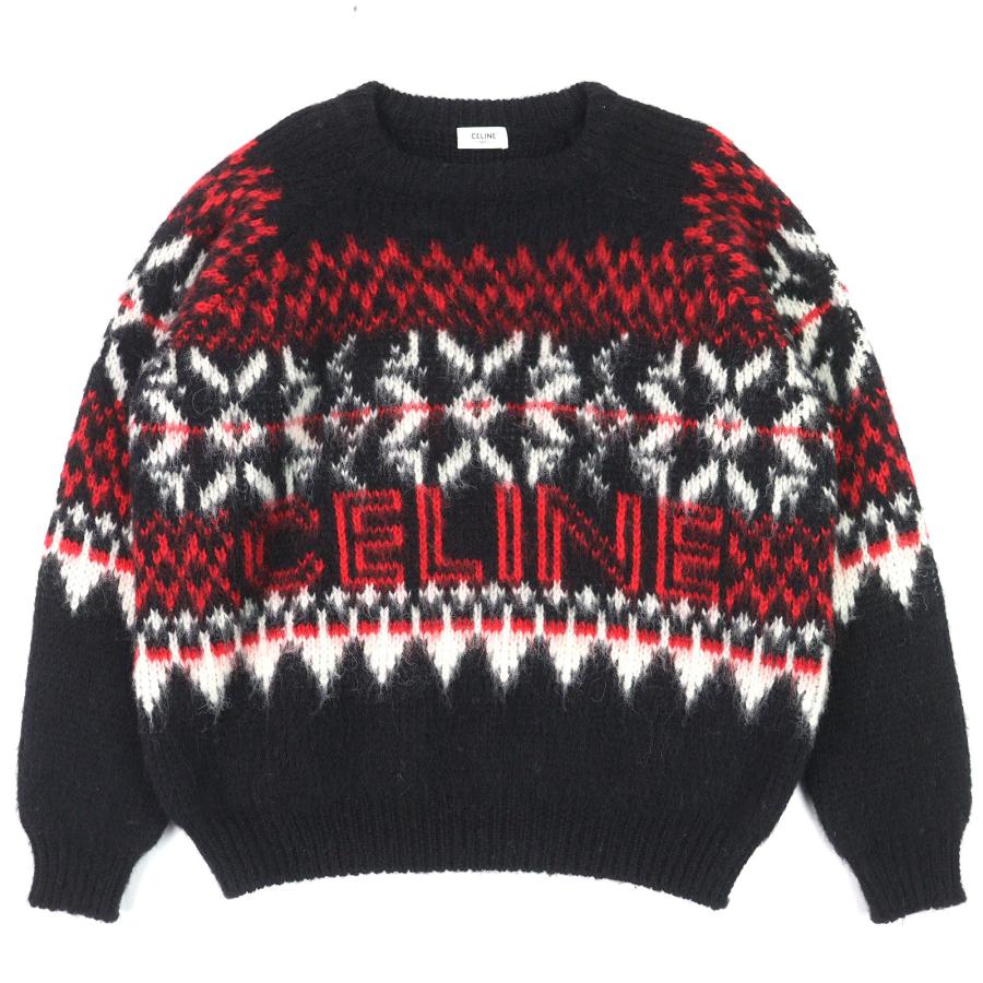 極美品△CELINE セリーヌ 22AW 2AA80628S ウール100％ フェアアイルロゴ ボクシー クルーネック 長袖 ニット ブラック レッド XS 正規品 CELINE（セリーヌ） 極美品△CELINE 22AW 2AA80628S ウール100