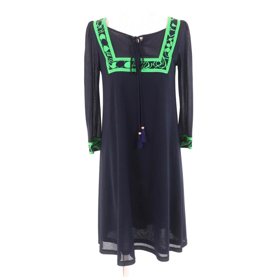 美品★LEONARD FASHION レオナール ファッション リボン タッセル付 スクエアネック 五分袖 ワンピース ネイビー グリーン 1 正規品 美品☆LEONARD FASHION レオナール ファッション リボン タッセル付