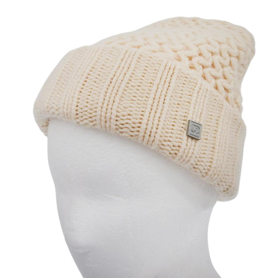 良品△CHANEL シャネル SPORTS カシミヤ100％ ココマークプレート ニット帽 ニットキャップ アイボリー スコットランド製 レディース CHANEL（シャネル） 美品△CHANEL SPORTS カシミヤ100％ ココマーク
