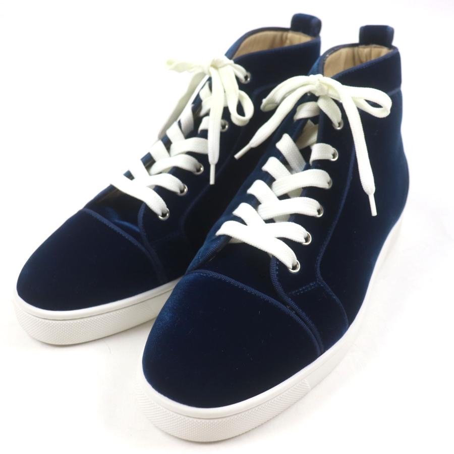極美品▼Christian Louboutin クリスチャンルブタン LOUIS ORLATO FLAT ベルベット ベルベット ロゴ金具付き ハイカットスニーカー ブルー 40 箱・保存袋付き EU製 メンズ Christian Louboutin（クリスチャンルブタン） 極美品▽クリスチャン