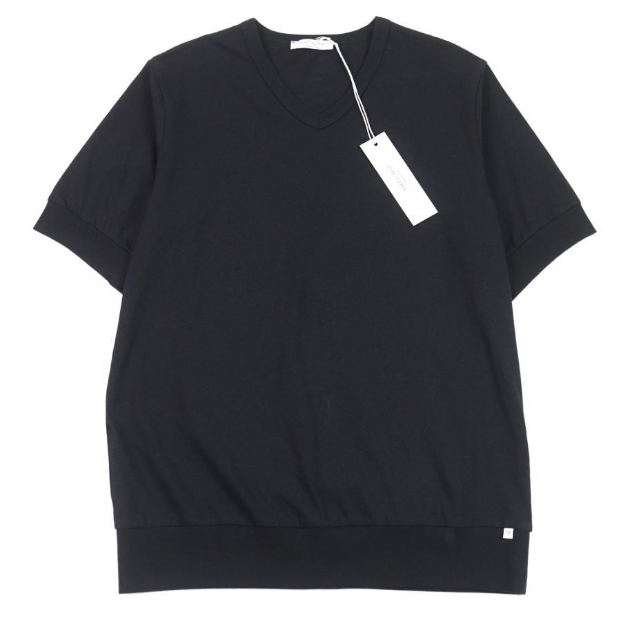 未使用品○ANTICIPO アンティーチポ INZOLIA インツォリア ロゴタグ付き スムースコットン Vネック リブ切替 半袖Ｔシャツ 黒 44 正規品 未使用品○ANTICIPO アンティーチポ INZOLIA インツォリア ロゴタグ