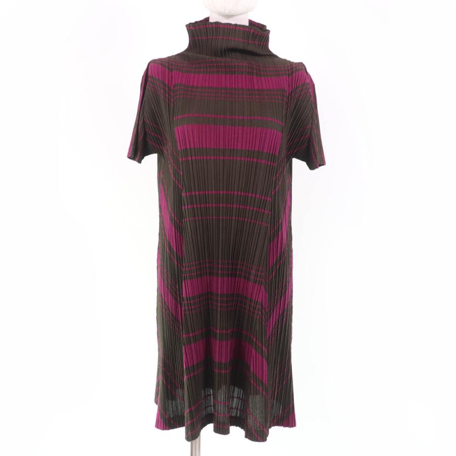 美品☆PLEATS PLEASE プリーツプリーズ イッセイミヤケ PP93-JK676 ハイネック 半袖 ワンピース ブラウン パープル 3 正規品 レディース 美品☆PLEATS PLEASE プリーツプリーズ イッセイミヤケ PP93-JK676