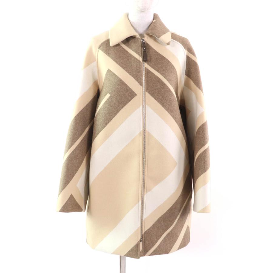 極美品★HERMES エルメス 22AW 2H0133DI ウール シルク混 レザーZIP ラグランスリーブ モザイク コート ベージュ ブラウン 36 レディース HERMES（エルメス） 極美品☆HERMES 22AW 2H0133DI ウール シルク混