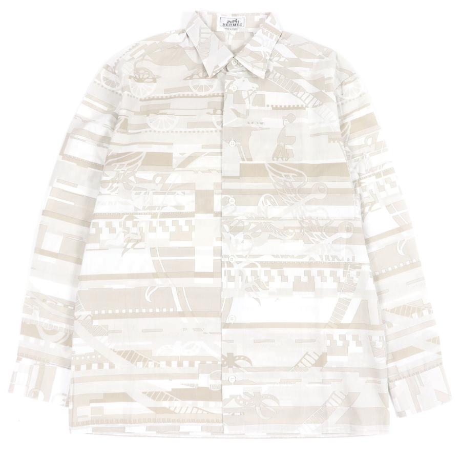 極美品□HERMES エルメス コットン100％ アブストラクト 総柄 袖セリエボタン ロングスリーブ 長袖シャツ ベージュ 40 フランス製 メンズ HERMES（エルメス） 極美品□HERMES コットン100％ アブストラクト 総