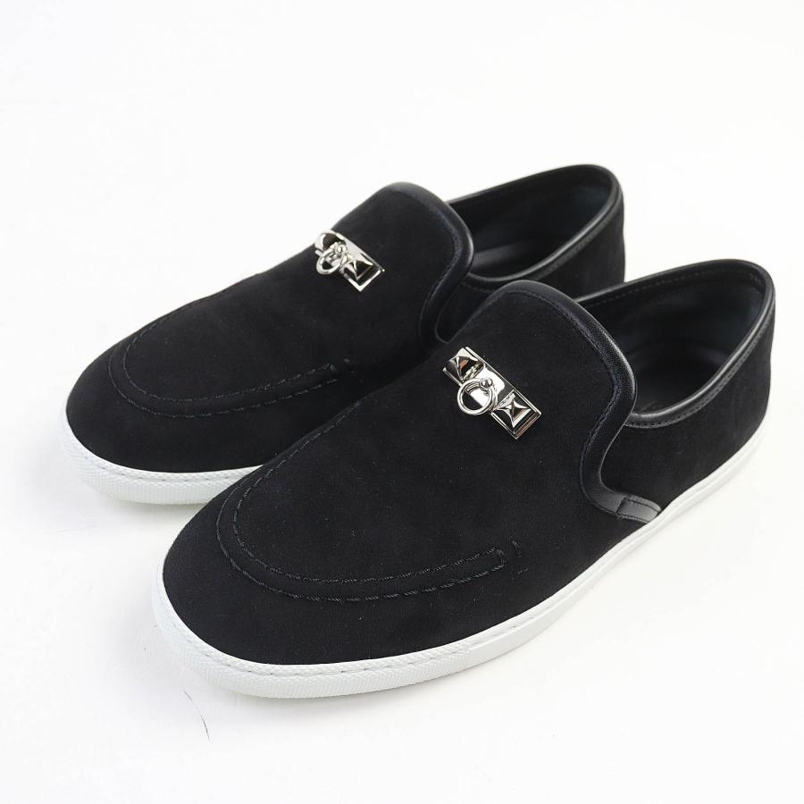 美品◇HERMES エルメス モカシン ジュール メドール スウェードレザー シルバー金具 スニーカー ブラック 38 箱・保存袋付き イタリア製 HERMES（エルメス） 美品◇HERMES モカシン ジュール メドール