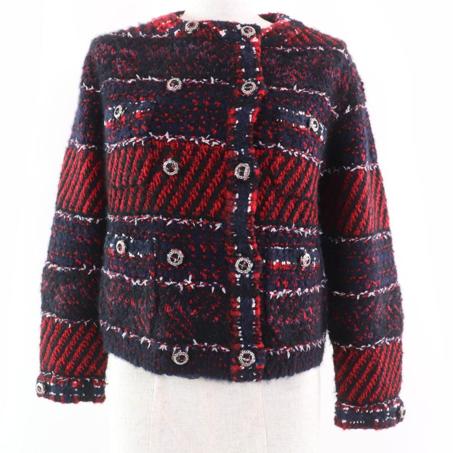 極美品☆CHANEL シャネル 23B P75716K10880 カシミヤ シルク アルパカ混 ココマーク ノーカラー ツイードジャケット レッド系 36 正規品 CHANEL（シャネル） 極美品☆CHANEL 23B P75716K10880 カシミヤ シルク