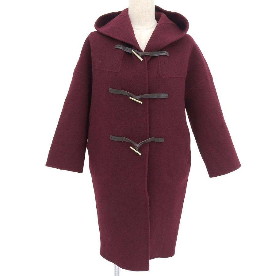 美品▲ebure エブール 3010200119 ウール コットン レザー使い 金具ボタン・フード付 ダッフルコート ワインレッド 38 正規品 レディース 美品△ebure エブール 3010200119 ウール コットン レザー使い 金具