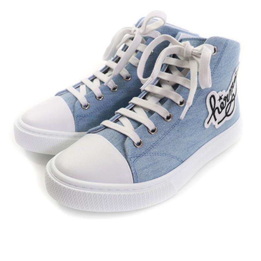 未使用品★HERMES エルメス YZ064379 イリコ ロゴワッペン付 レースアップ デニム レザー ハイカットスニーカー インディゴ 37 箱・袋付 HERMES（エルメス） 未使用品☆HERMES YZ064379 イリコ ロゴワッペン付