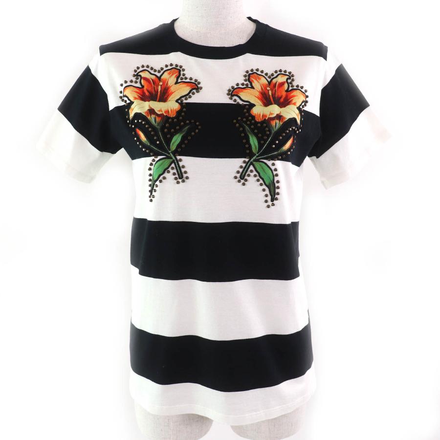 極美品△GUCCI グッチ 422730 Mare Gothicum フラワー スタッズ ボーダー柄 クルーネック 半袖Ｔシャツ ブラック ホワイト M 伊製 正規品 GUCCI（グッチ） 極美品△GUCCI 422730 Mare Gothicum フラワー