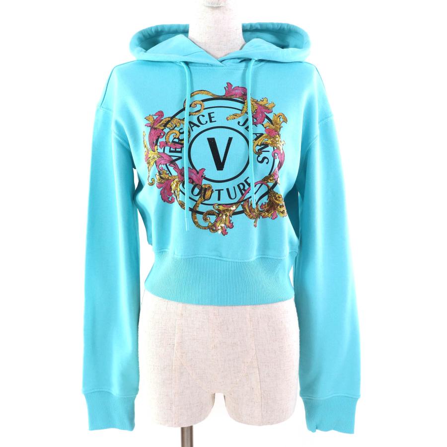 未使用品△VERSACE JEANS COUTURE ヴェルサーチェ ジーンズ クチュール 78HAIC01 コットン100％ ロゴ スパンコール装飾 クロップド パーカー ライトブルー S 保存袋付き イタリア製 レディース 未使用品△VERSACE JEANS COUTURE ヴェルサーチェ ジーンズ クチュール