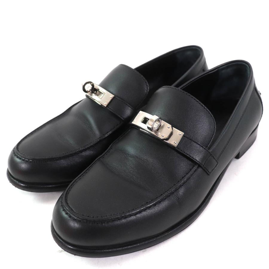 HERMES ブラック ローファー 保存袋付き HERMES（エルメス） 美品△HERMES デスタン レザー シルバー金具