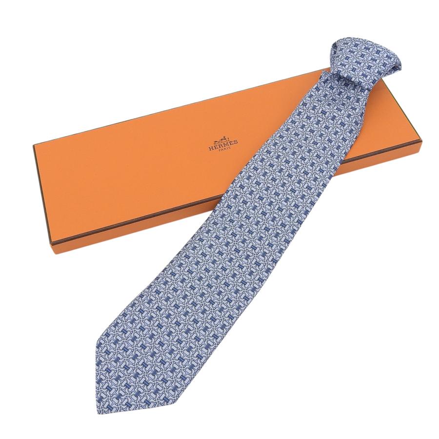 極美品▲HERMES エルメス 5560 MA クラヴァット シルク100％ シェーヌダンクル 総柄 ネクタイ ブルー 箱付き フランス製 メンズ HERMES（エルメス） 極美品△HERMES 5560 MA クラヴァット シルク100