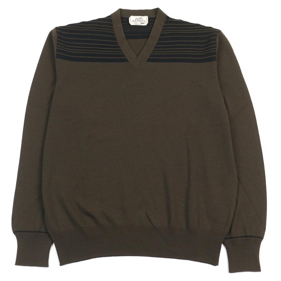 美品○HERMES エルメス ウール100% Vネック バイカラー ショルダーボーダー柄 ニット セーター カーキグリーン系 XL イタリア製 正規品 メンズ HERMES（エルメス） 美品○HERMES ウール100% Vネック バイカラー