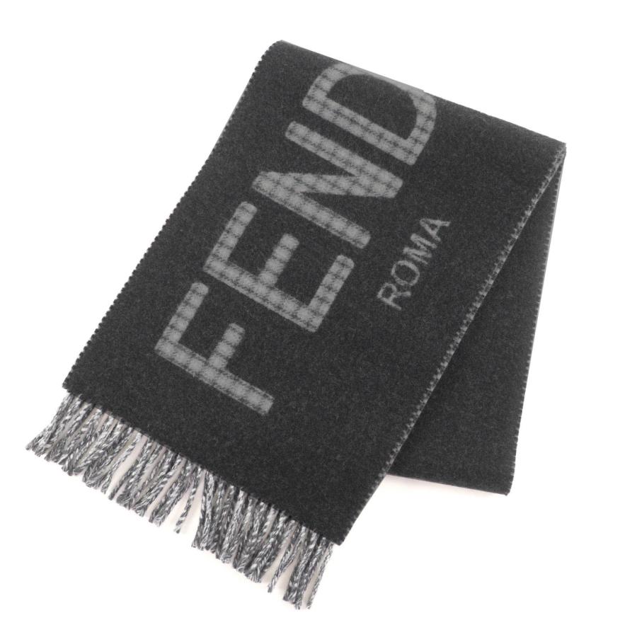 極美品★FENDI フェンディ FXT334 ウール カシミヤ混 ロゴデザイン チェック柄 フリンジ付 マフラー チャコールグレー TU 保存袋付き イタリア製 正規品 レディース FENDI（フェンディ） 極美品☆FENDI FXT334 ウール カシミヤ混 ロゴ