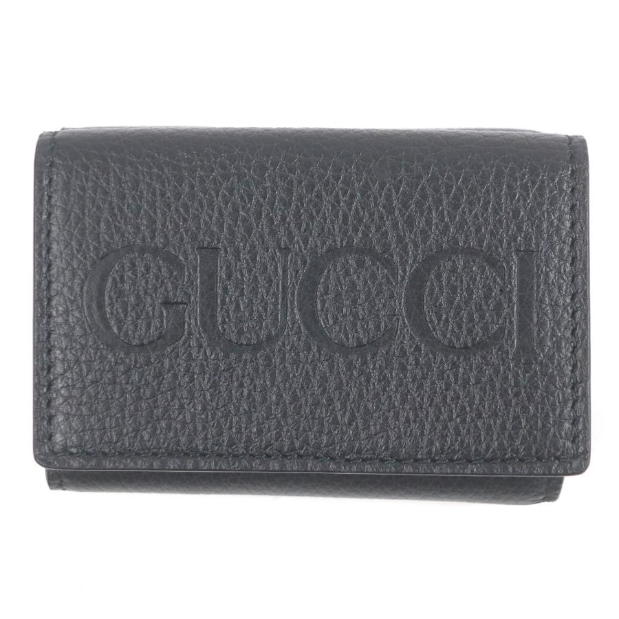 未使用品□GUCCI グッチ 736151 レザー エンボスロゴ コンパクトウォレット 三つ折り財布 ブラック 箱・保存袋付き イタリア製 メンズ GUCCI（グッチ） 未使用品□GUCCI 736151 レザー エンボスロゴ