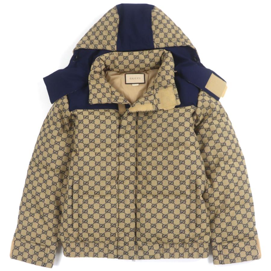極美品▼GUCCI グッチ 715535 GGキャンバス WZIPUP フーデッド ダウンジャケット ベージュ 44 ハンガー・ガーメント付き 正規品 メンズ GUCCI（グッチ） 極美品▽GUCCI 715535 GGキャンバス WZIPUP