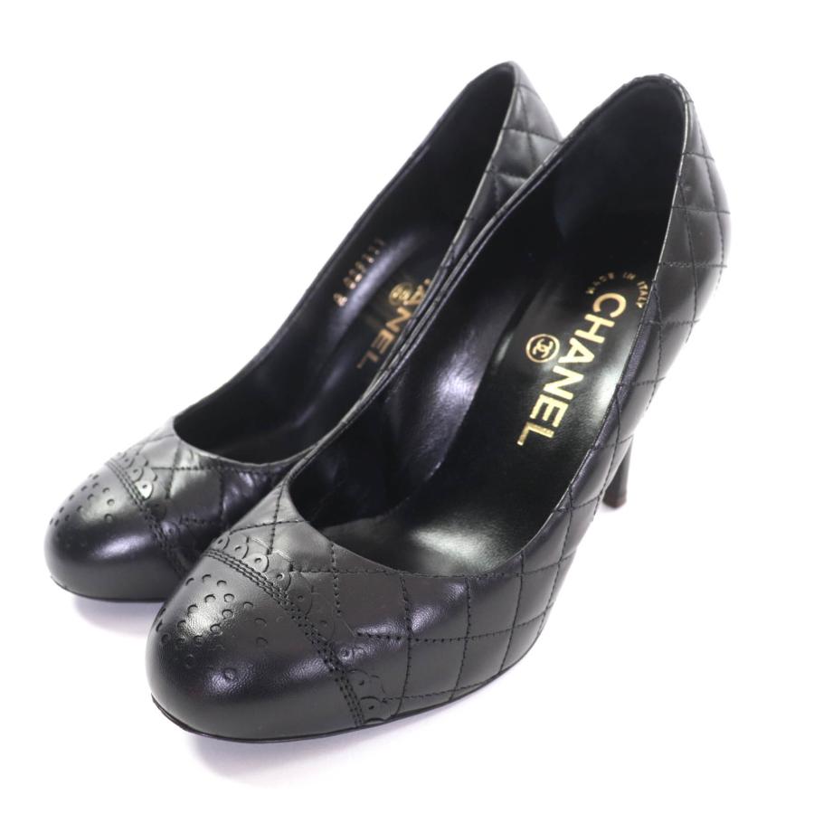 美品★CHANEL シャネル G29111 パンチングココマーク マトラッセ アーモンドトゥ レザー パンプス ブラック 35.5 イタリア製 レディース CHANEL（シャネル） 美品☆CHANEL G29111 パンチングココマーク