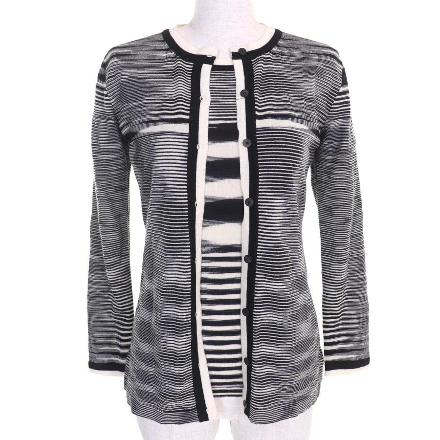 極美品△Missoni ミッソーニ ウール100％ マルチボーダー ニット カーディガン 半袖トップス  アンサンブル ブラック ホワイト 42/40 イタリア製 正規品 レディース MISSONI（ミッソーニ） 極美品△Missoni ウール100％ マルチボーダー