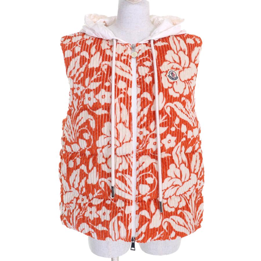 未使用△MONCLER モンクレール 2022年製 MARCHAUD GILET コットン100% 総柄 ロゴワッペン フード付 ダウンベスト 白 オレンジ 0 正規品 MONCLER（モンクレール） 未使用△MONCLER 2022年製 MARCHAUD GILET