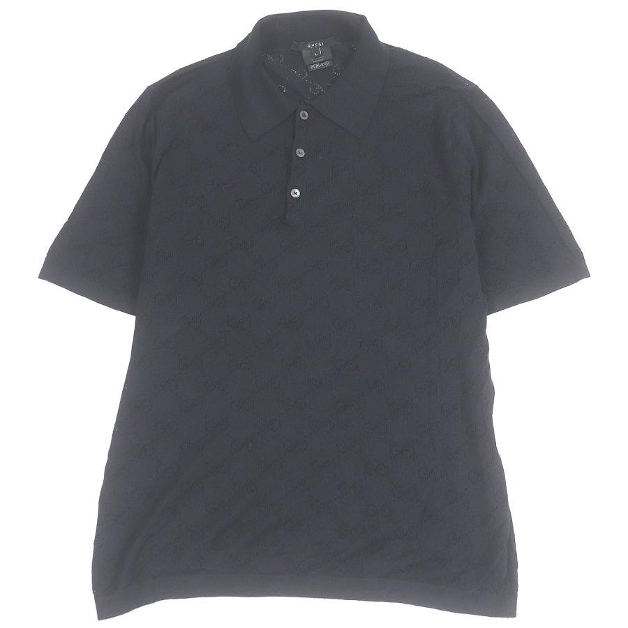 極美品□GUCCI グッチ シルク100％ GGロゴ総柄 薄手 ショートスリーブ 半袖 ニットポロシャツ カットソー ブラック L イタリア製 正規品 GUCCI（グッチ） 極美品□GUCCI シルク100％ GGロゴ総柄 薄手 ショート