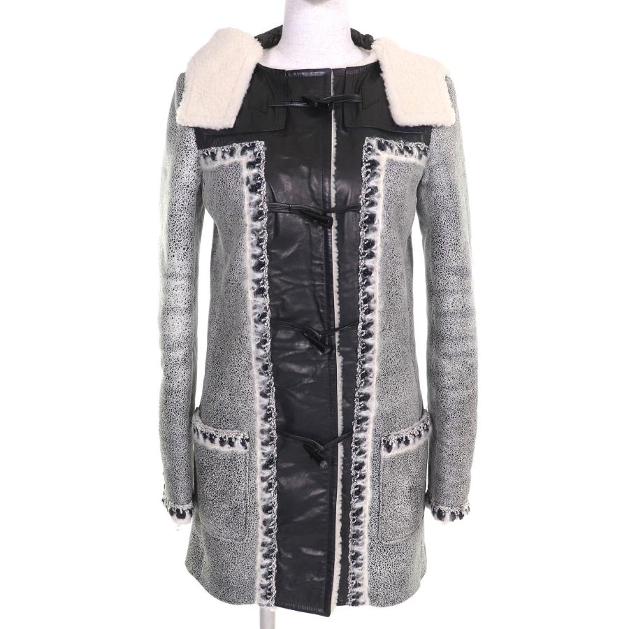 極美品△CHANEL シャネル P42361 レザー使い フード付き ココマークトグルボタン ムートン ダッフルコート ブラック ホワイト系 36 仏製 CHANEL（シャネル） 極美品△CHANEL P42361 レザー使い フード付き