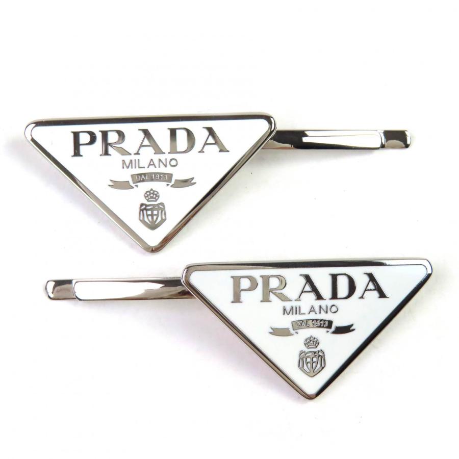 極美品△PRADA プラダ 1IF051 トライアングルロゴ メタル ヘアピン 髪留め ヘアアクセサリー ホワイト シルバー 箱・保存袋付き レディース PRADA（プラダ） 極美品△PRADA 1IF051 トライアングルロゴ メタル