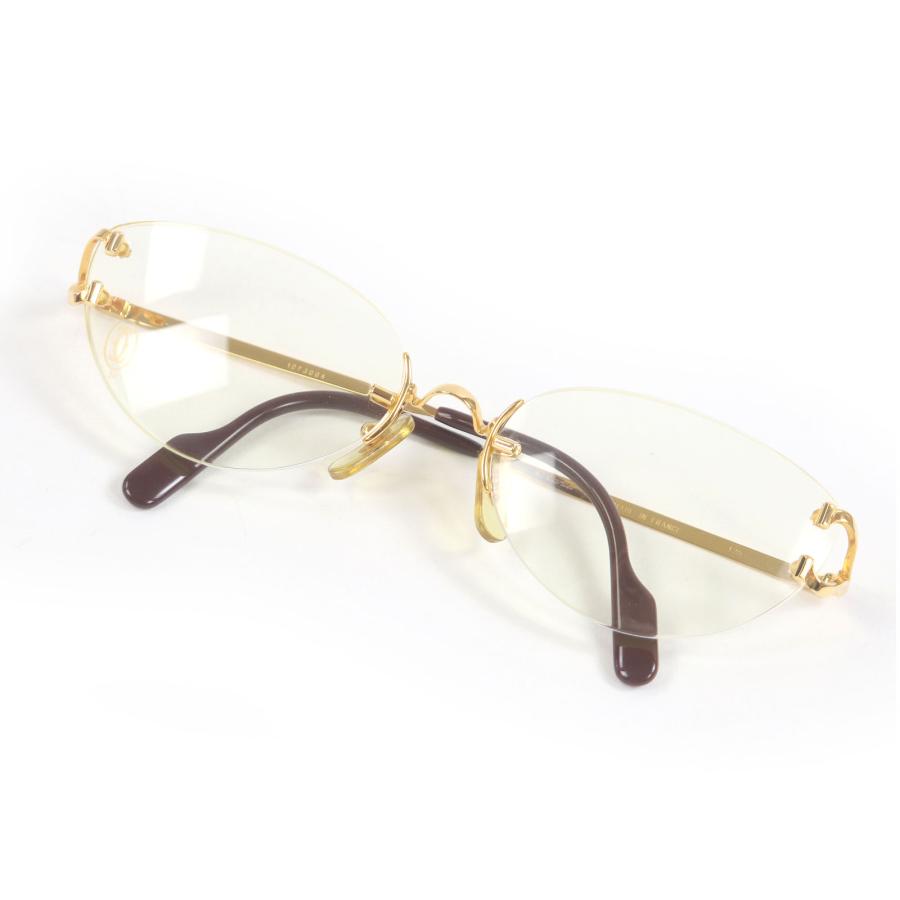 美品□Cartier カルティエ Cロゴ ツーポイント リムレス メガネ 眼鏡 アイウェア ゴールド ボルドー □18 度入り フランス製 メンズ Cartier（カルティエ） 美品□Cartier Cロゴ ツーポイント リムレス
