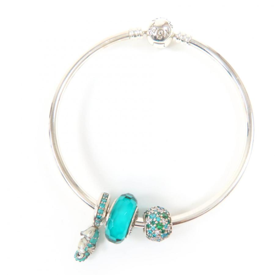 極美品☆PANDORA パンドラ 925 3個チャーム付 バングル ブレスレット