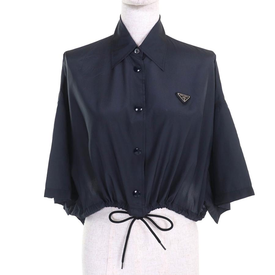 美品△PRADA プラダ 2021年製 P454F シルク100％ トライアングルロゴプレート ドローコード付き 半袖シャツ ネイビー 38 伊製 正規品 PRADA（プラダ） 美品△PRADA 2021年製 P454F シルク100