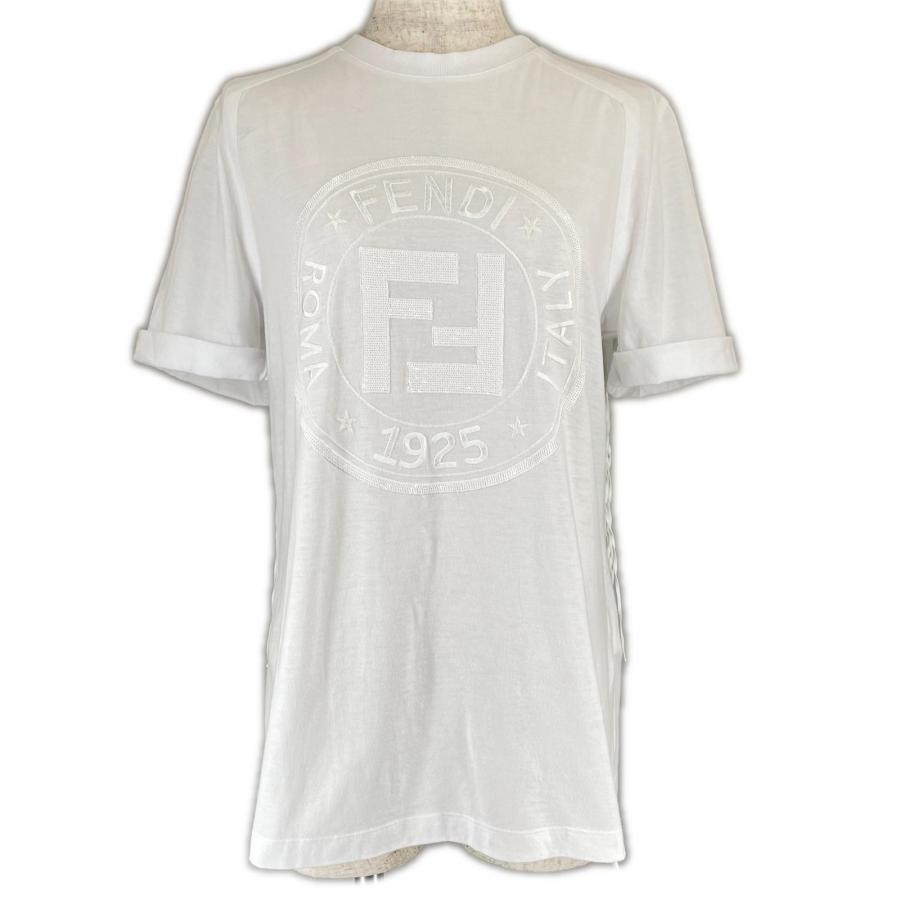 美品▲FENDI フェンディ FS7111 ズッカ柄 ロゴ入り バックフリンジデザイン 半袖Ｔシャツ ホワイト XXS 日本Sサイズ相当 正規品 FENDI（フェンディ） 美品△FENDI FS7111 ズッカ柄 ロゴ入り バック